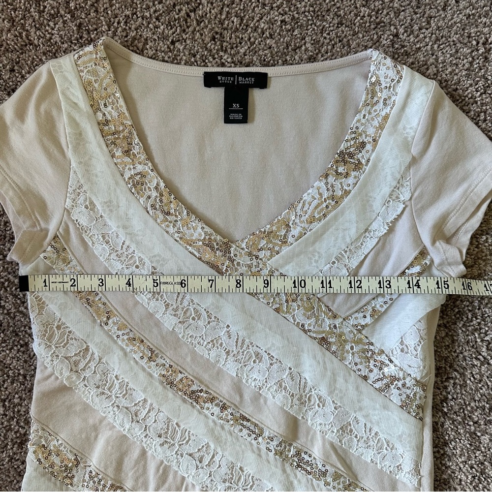 White House Black Market Cream Lace Short Sleeve Top - Picture 5 of 7